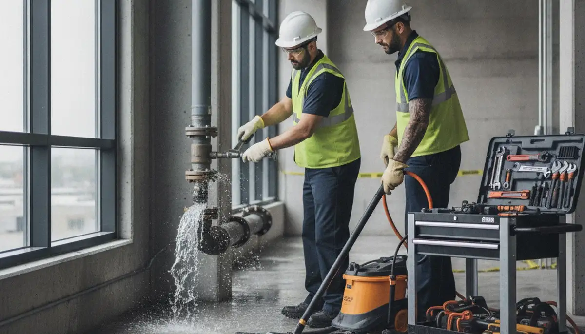 Emergency plumber repairing burst pipe in Grand Rapids, MI home